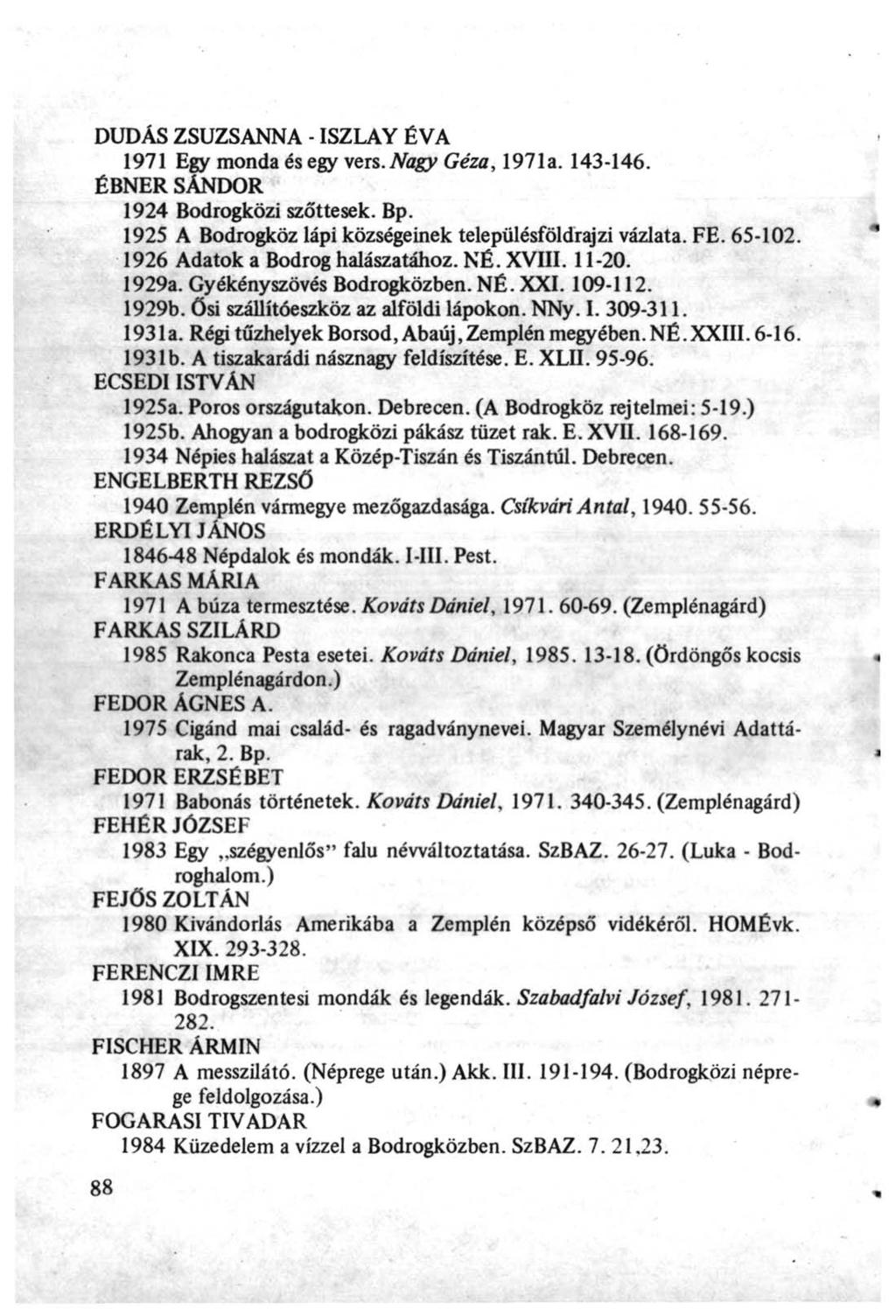 DUDÁS ZSUZSANNA - ISZLAY ÉVA 1971 Egy monda és egy vers. Nagy Géza, 1971a. 143-146. ÉBNER SÁNDOR 1924 Bodrogközi szőttesek. Bp. 1925 A Bodrogköz lápi községeinek településföldrajzi vázlata. FE.
