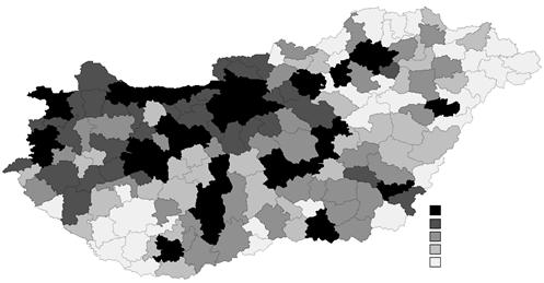 LHDI-INDEX ELOSZLÁSA ÉS TERÜLETI AUTÓKORRELÁCIÓJA NÉMETO. ÉS MAGYARO. ESETÉBEN 565 LHDI területi eloszlása Magyarországon, 2011, LAU1 1.