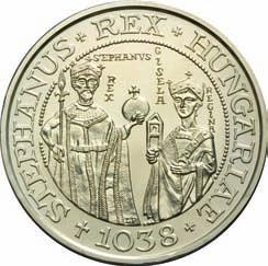 H: STEPHANUS + REX + HUNGARIAE 1038 + köriratban Szent István és Gizella királyné liliomos koronával, palástban, a király kezében lándzsa és országalma, a királyné kezében stilizált templom, a fejek
