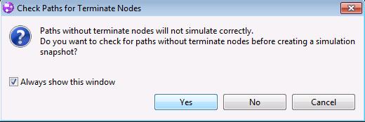 Ilyenkor felajánlja az eszköz, hogy ellenőrzi a Terminate csomópontokat a modellen. Ezt célszerű elvégezni, hogy az efféle triviális hibák időben kiderüljenek.
