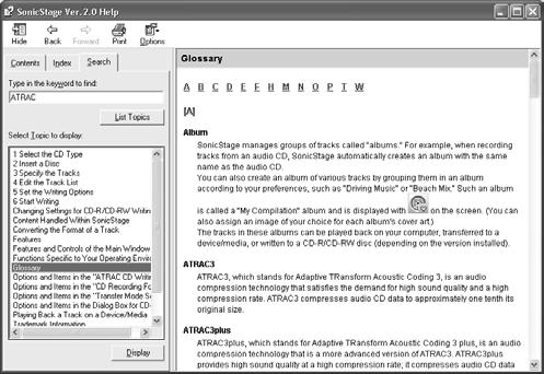 Wyświetlanie sposobu korzystania z SonicStage Help Ramka z lewej strony Ramka z prawej strony 1 Dwukrotnie kliknij [Overview] w ramce z lewej strony. 2 Kliknij [About This Help File].