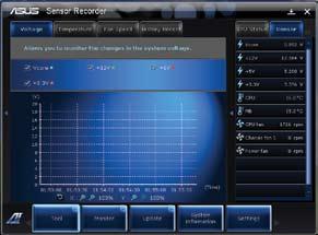 Sensor Recorder Pomocou nástroja Sensor Recorder môžete monitorovať zmeny v napätí systému, teplote a otáčkach ventilátora a tieto zmeny môžete zaznamenávať.