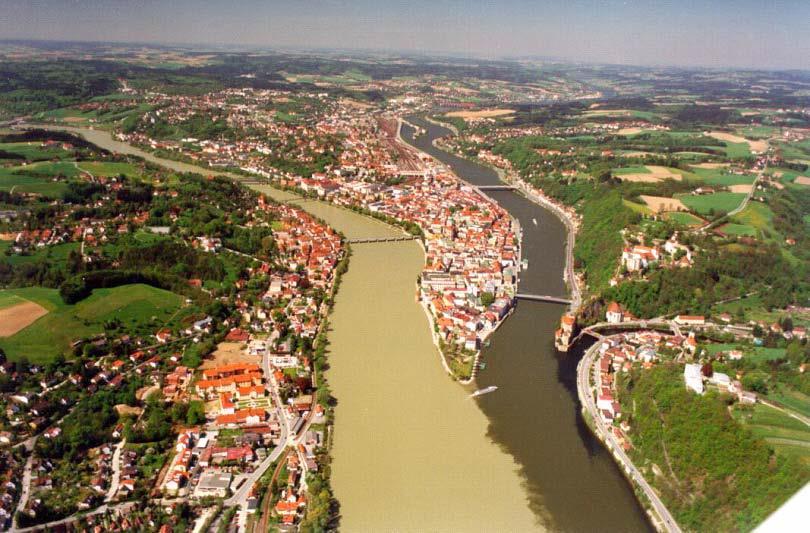 Az Inn, a una és az Ilz összefolása Passau-nál Forrás: