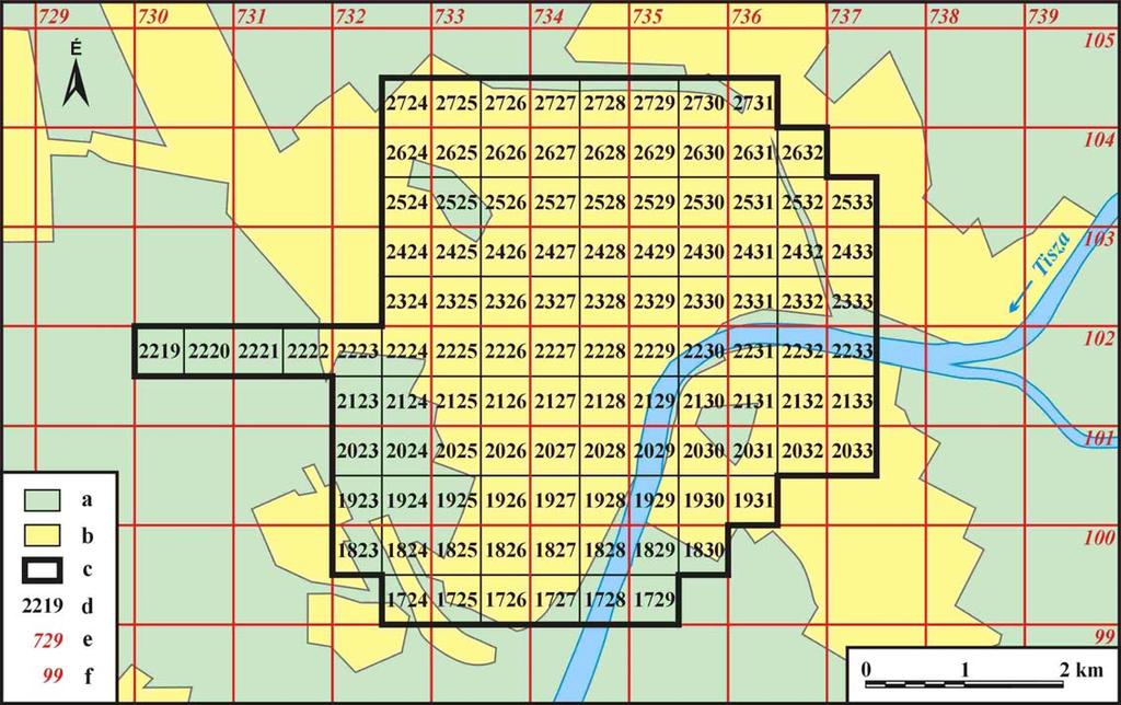 vizsgált terület két t szektor 0,5x0,5 km nagyságú négyzetekre (cellákra) osztva 107 négyzetn (26,75 km 2 ) az EOTR 1:10.