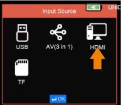 Selectia de intrare: apasati butonul "Input" de pe telecomanda. Utilizati butoanele cu sageti pentru a selecta optiunea HDMI si apasati OK pentru a confirma.
