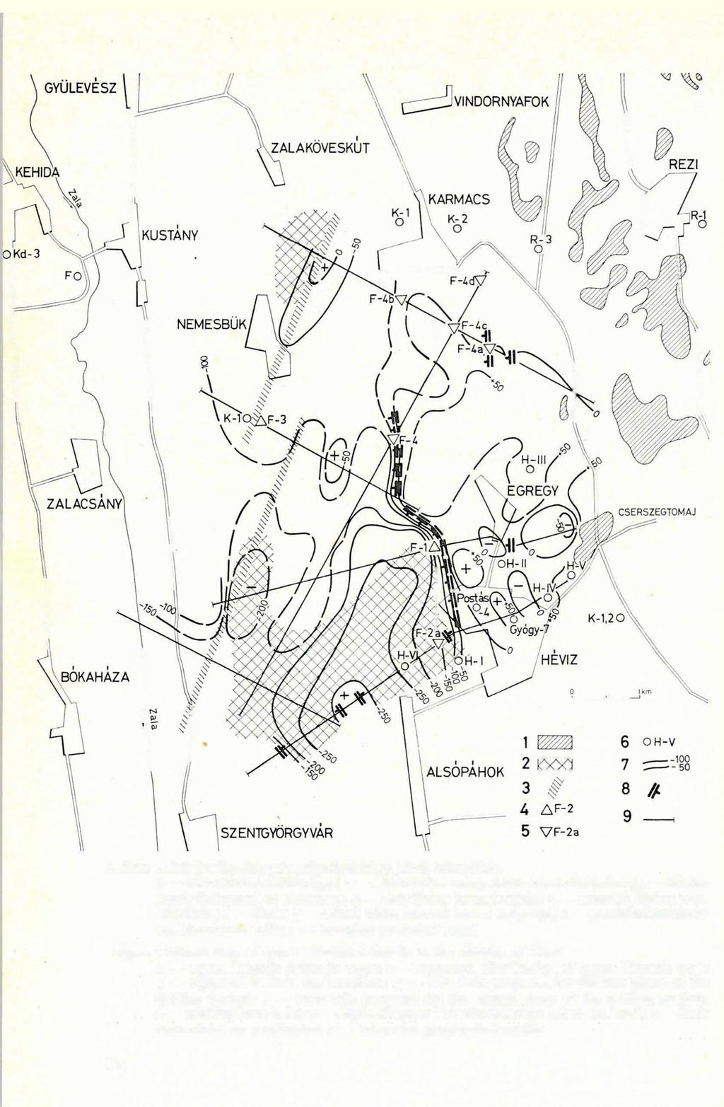 2. ábra A felső triász dolomit mélységtérképe Hévíz környékén i felső triász dolomit dx3n; 2 - a felső triász márga feltételezett elterjedése; 3 feltételezett törésvonal az aljazatban; 4 első fázisra