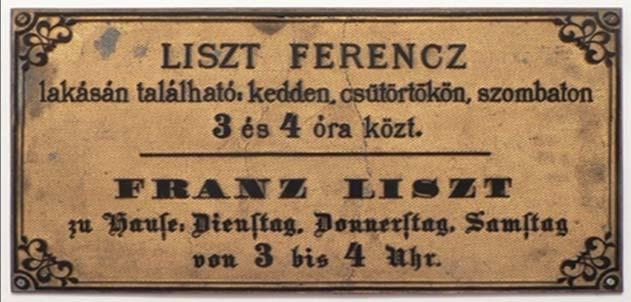 FERENC LISZT S DOOR PLATE CONTAINING HIS RECEPTION HOURS