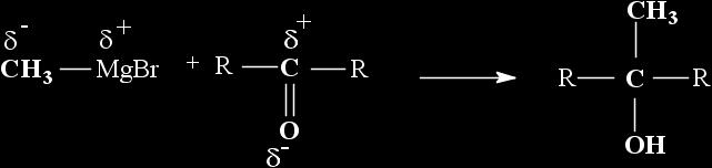 a Grignard-reagens nukleofil szénatomot tartalmaz karbanionként reagál elektrofil szénatomot tartalmazó vegyületekkel (pl.