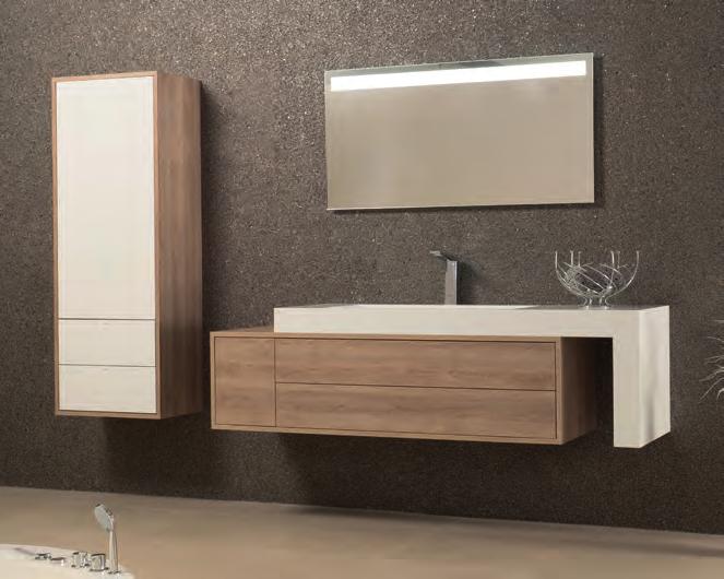 . Puno prostora za odlaganje.. Sortiranje pomagala u ladicama.. Elegantan namještaj bez ručki.. Geometrijske, ravne površine.. Ekscentričan i elegantan lavabo.. Kombinacija večnog hrasta i bele boje.