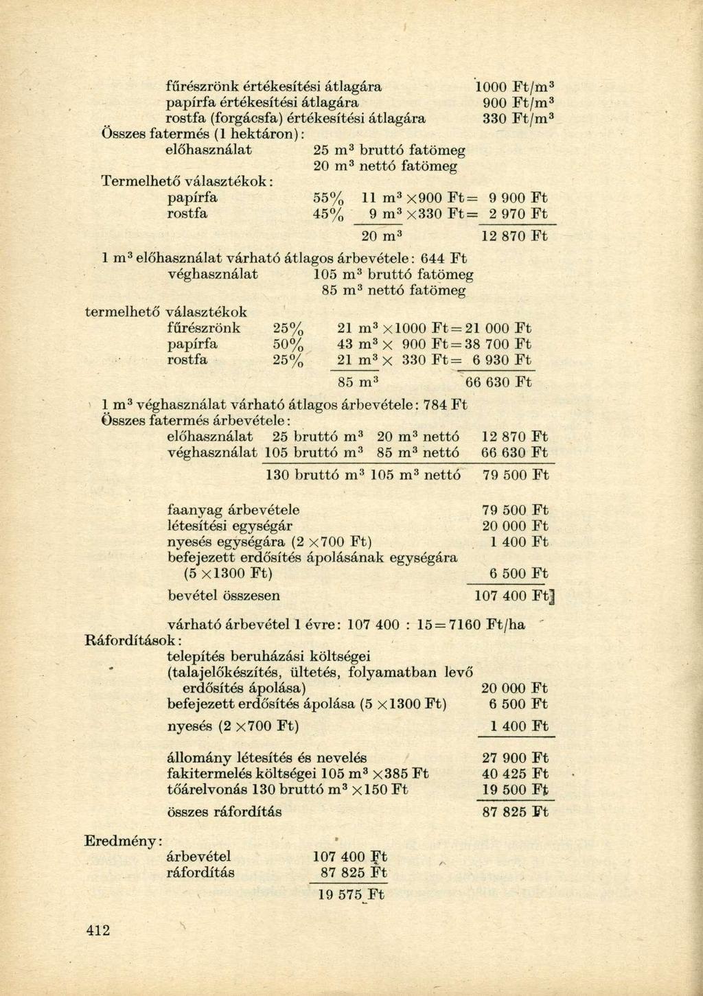 fűrészrönk értékesítési átlagára 1000 Ft/m 3 papírfa értékesítési átlagára 900 Ft/m 3 rostfa (forgácsfa) értékesítési átlagára 330 Ft/m 3 Összes fatermés (1 hektáron): elöhasználat 25 m 3 bruttó