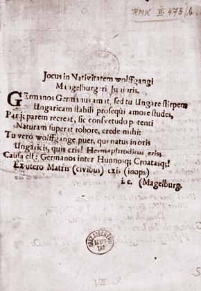 14. Jocus in nativitatem Wolffgangi Mangelburgeri junioris. Csepreg, 1631 1632., Imre Farkas. OSZK RMNy 1492; primjerak: OSZK 15. Portret Ferenca Nádasdyja III. (Nepoznati slikar, 1662.