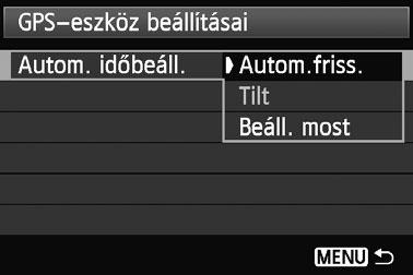 A pontos idő beállítása a fényképezőgépen a GPS alapján A fényképezőgép ideje beállítható a GPS-jelek alapján. A hibahatár kb. ±0,02 másodperc. 1 Válassza ki a [GPS-eszköz beállításai] elemet.