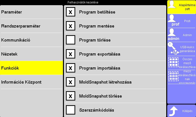 92 14 fejezet Infocenter Funkciók beállítása az alapértelmezett felhasználó (példa) a prof felhasználó számára Infocenter (78.