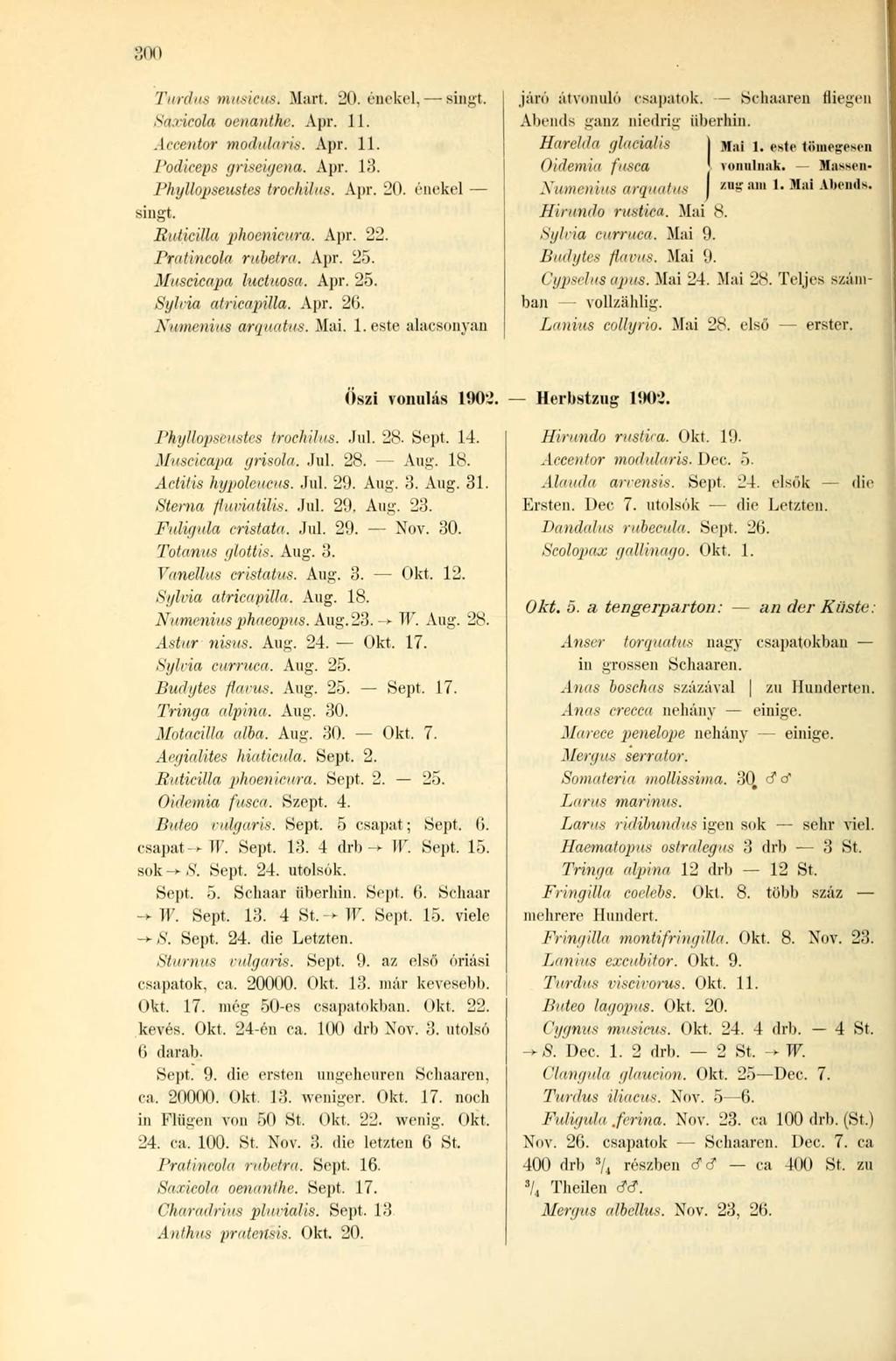 31»i Turdus musicus. Mart. 20. énekel, singt. Sdxicóla oenanthe. Apr. 11. Accentor moduláris. Apr. 11. Podiceps griscigcna. Apr. 13. Phyllopseustes trochilus. Apr. 20. énekel singt.