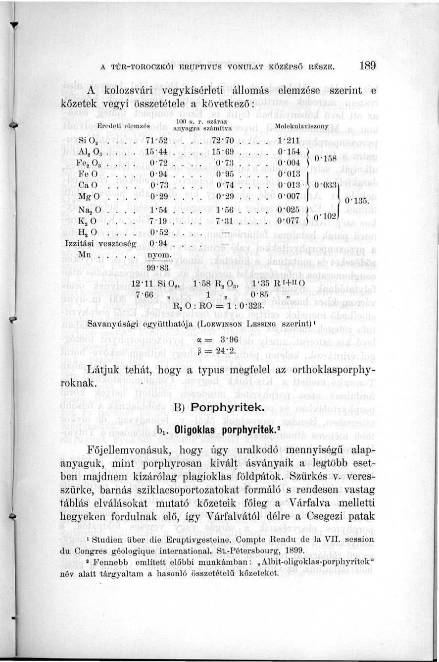 A kolozsvári vegykísórleti állomás elemzése szerint e kőzetek vegyi összetétele a következő:.,.,, 100 H. r. száraz. Erodoh elemzés anyagra számítva Molekulaviszony SiO,.... 71-52.