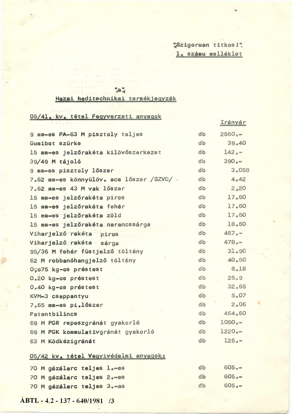 Szigorúan titkos!" 1. számú melléklet " a " 4 Hazai haditechnikai termékjegyzék 05/41. k v. tétel Fegyverzeti anyagok Irányár 9 mm-es PA-63 M pisztoly teljes db 2560,- Gumibot szürke db 39.