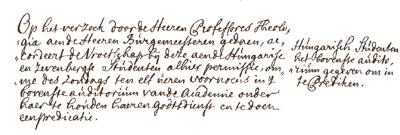 Az utrechti városi tanács írásos engedélye 1722-ből, melyben lehetővé teszik a magyar nyelvű