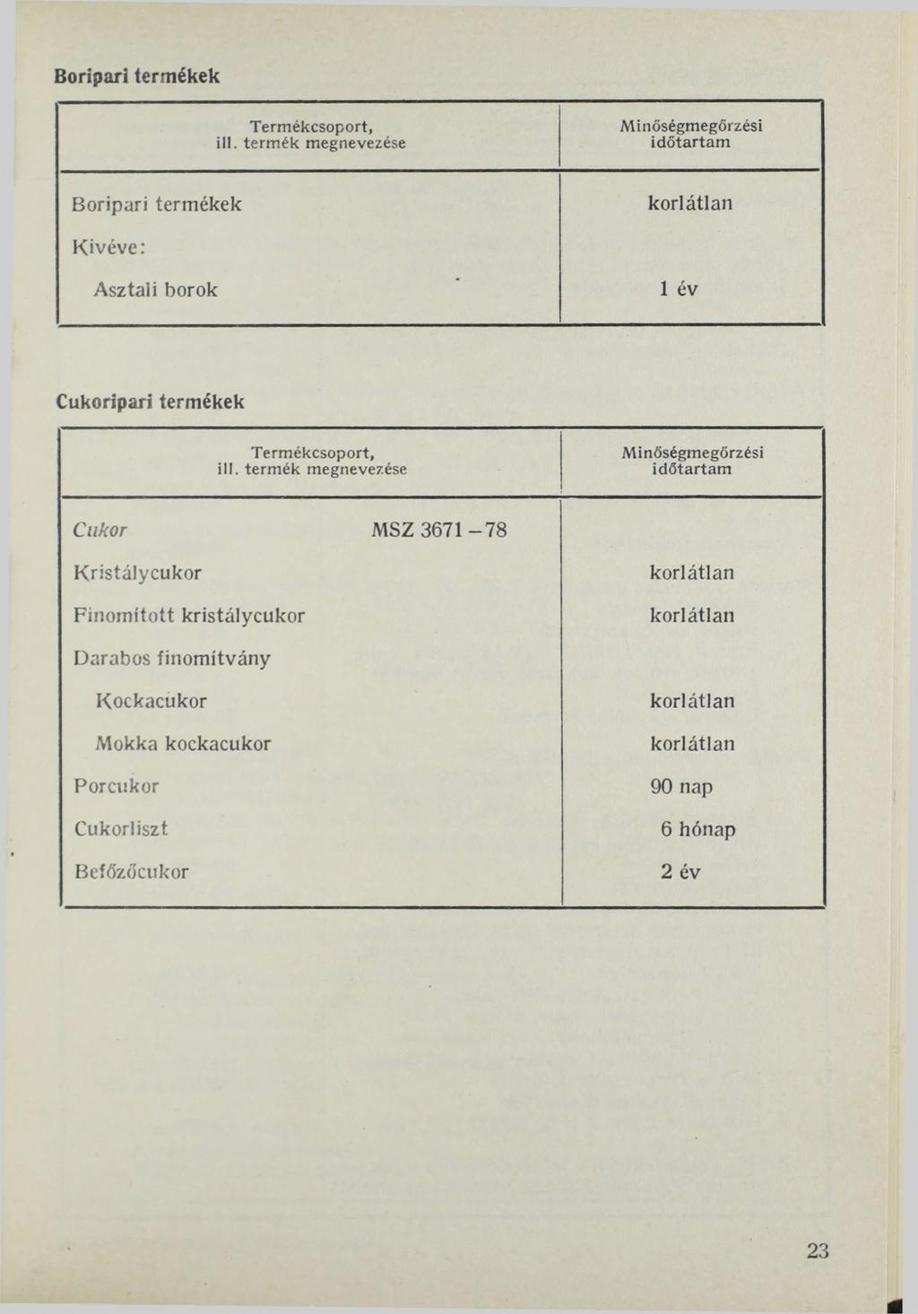 Boripari termékek Minőségmegőrzési id ő ta rta m Boripari termékek korlátlan Asztali borok 1 év Cukoripari termékek Minőségmegőrzési id ő ta rta m Cukor MSZ 3671-7 8
