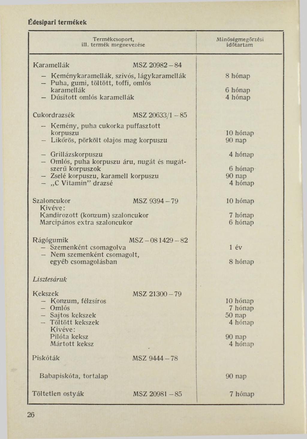 Édesipari termékek Minőségmegőrzési id ő ta rta m Karamellák MSZ 20982-84 Keménykaramellák, szívós, lágykaramellák 8 hónap Puha, gumi, töltött, toffi, omlós karamellák Dúsított omlós karamellák 4