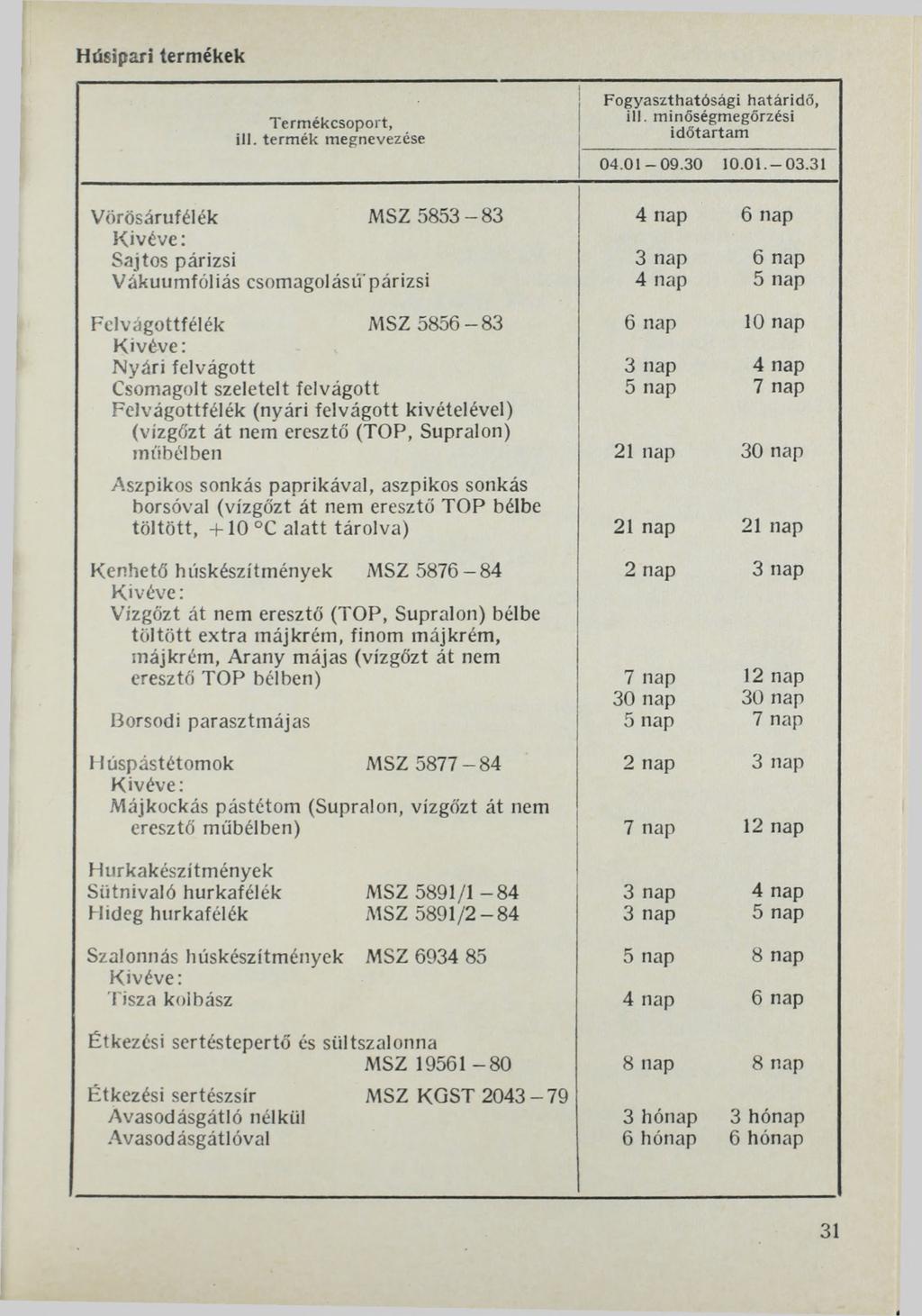 Húsipari termékek Fogyaszthatósági határidő, ill. minőségmegőrzési id ő ta rta m 0 4.0 1-0 9.3 0 10.01.-03.