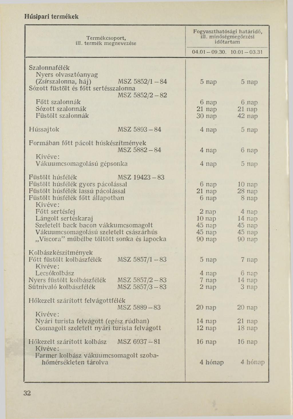 Húsipari termékek Fogyaszthatósági h atáridő, ill. minőségmegőrzési id ő ta rta m 0 4.0 1-0 9.3 0. 10.01-03.