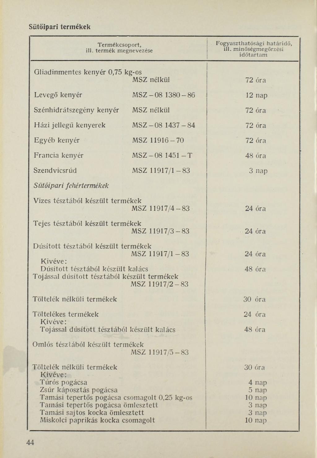 Sütőipari termékek Fogyaszthatósági h atáridő, 1 ill.