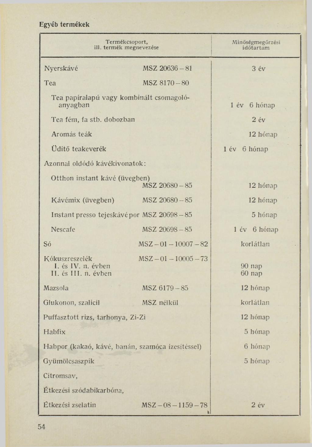 Egyéb termékek Minőségmegőrzést id ő ta rta m Nyerskávé MSZ 20636-81 3 év Tea MSZ 8170-80 Tea papíralapú vagy kombinált csomagolóanyagban Tea fém, fa stb.