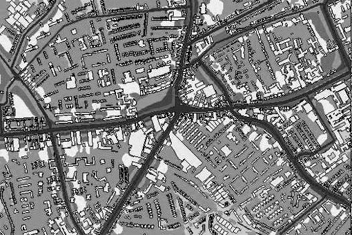 b) Auf dem Bild können Sie Londons Lärmlandkarte sehen. Die dunklere Abtönung zeigt einen größeren Lärmpegel.