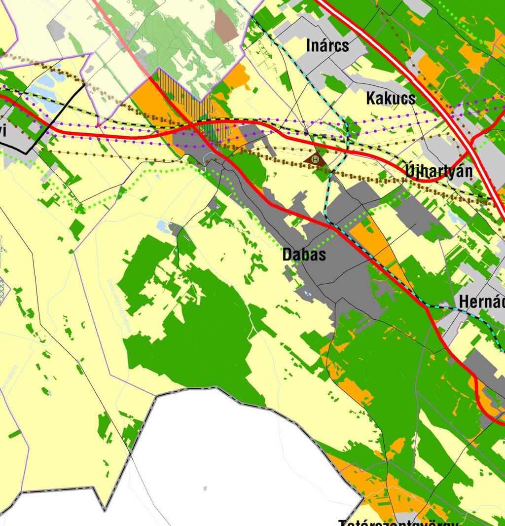 Ezen felül még egy térségi hulladéklerakó helyet tartalmaz Dabas területén a PMTrT. 9. ábra - Dabas a PMTRT szerkezeti tervében A PMTrT övezeti érintettségekkel kapcslatban kiemeljük, hgy a MTv.