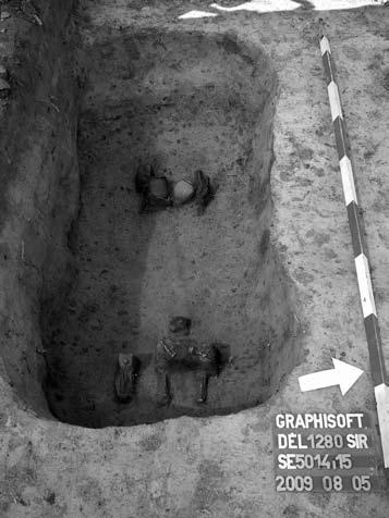 Kelet felé, a Duna irányában egy homokos kiemelkedésen római kori sírcsoportot találtunk, amelynek a szelvényben feltárt részlete öt csontvázas gyermektemetkezésből, egy négyszögletes, téglákkal