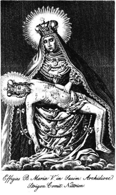 Patróna Hungariae magyar szentekkel A Fontes Gratiarum Marianarum Novi ac Veteres című, 1740-ből való kolozsvári jezsuita akadémiai kiadványból.