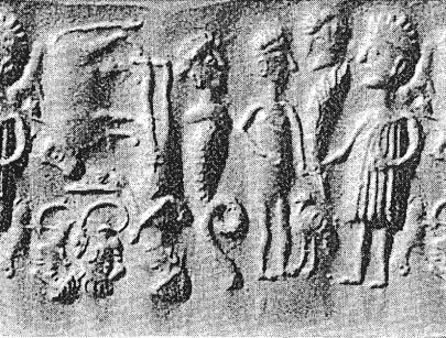 Forgery. British Mus. 130.782 brown stone; 3,75x1,4 cm; Pokol jelenet. Középen az ördög, jobbra három várományos, balra a pokol. Ehhez tessék a képet megfordítani.