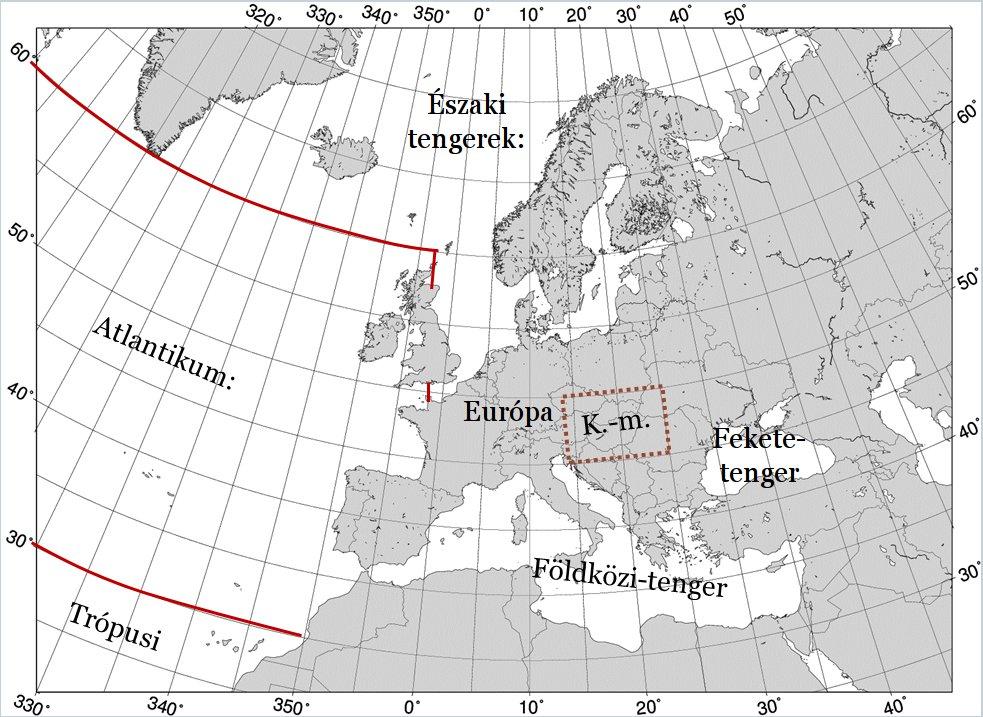 megváltozását. Abban az esetben, ha a planetáris határrétegen belül történt a nedvesség növekedés, az eltelt óra alatt súrolt útvonalat forrásterületnek tekintettük.