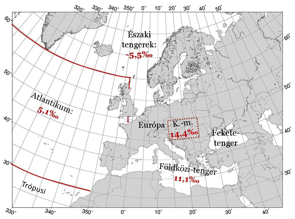 5.3. ábra: A csapadékmennyiséggel súlyozott deutérium-többlet értéke Farkasfán 2012. április 2014. március időszakban, forrásrégiók szerint elkülönítve Az 5.3. ábrán jól látható, hogy a mediterrán és