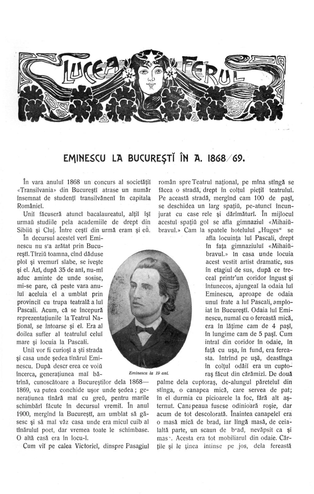EMINESCU LA BUCURESTÏ ÎN A. 1868/69.