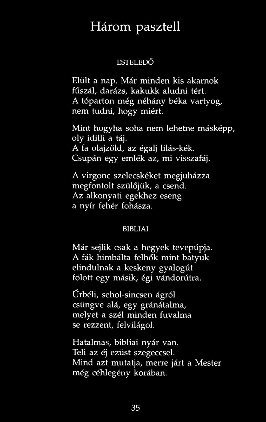 Az alkonyati egekhez eseng a nyír fehér fohásza. BIBLIAI Már sejlik csak a hegyek tevepúpja. A fák himbálta felhők mint batyuk elindulnak a keskeny gyalogút fölött egy másik, égi vándorútra.