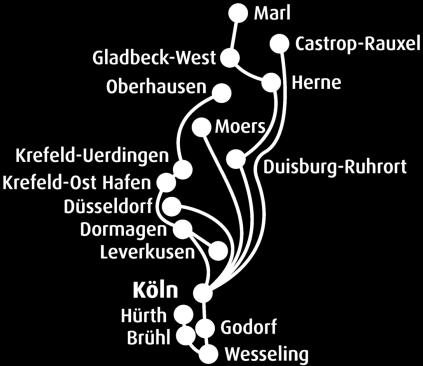 (examples): Oberhausen West Gladbeck West Marl (Tues-Sat) Dormagen Leverkusen Krefeld Uerdingen