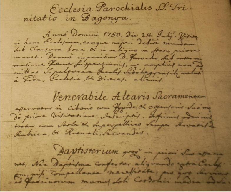 Slika 9: Vizitacijski zapisnik za župnijo Bogojina iz leta 1750. Vir: NAZ, Protokol br. 75/VI. Foto: Klaudija Sedar, 2011. Vizitacije so pisane v latinščini, uradnem jeziku tedanje Cerkve.