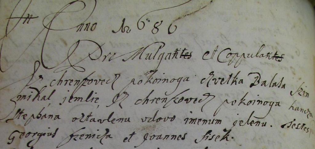 Slika 10: Vpis v turniški krstni matični knjigi v prekmurskem jeziku leta 1686. Vir: NŠAM, Krstna matična knjiga Turnišče 1677 1725. Foto: Klaudija Sedar, 2012.