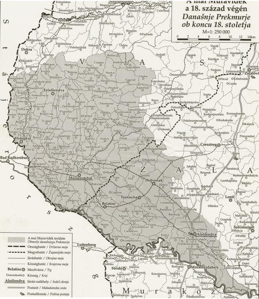 Slika 3: Današnje Prekmurje ob koncu 18. stoletja z označenimi župnijami v prekmurskem delu beksinskega arhidiakonata. Vir: Sedar po Mayer (ur.); Molnár (ur.), Viri za zgodovino Prekmurja, 1. zv.