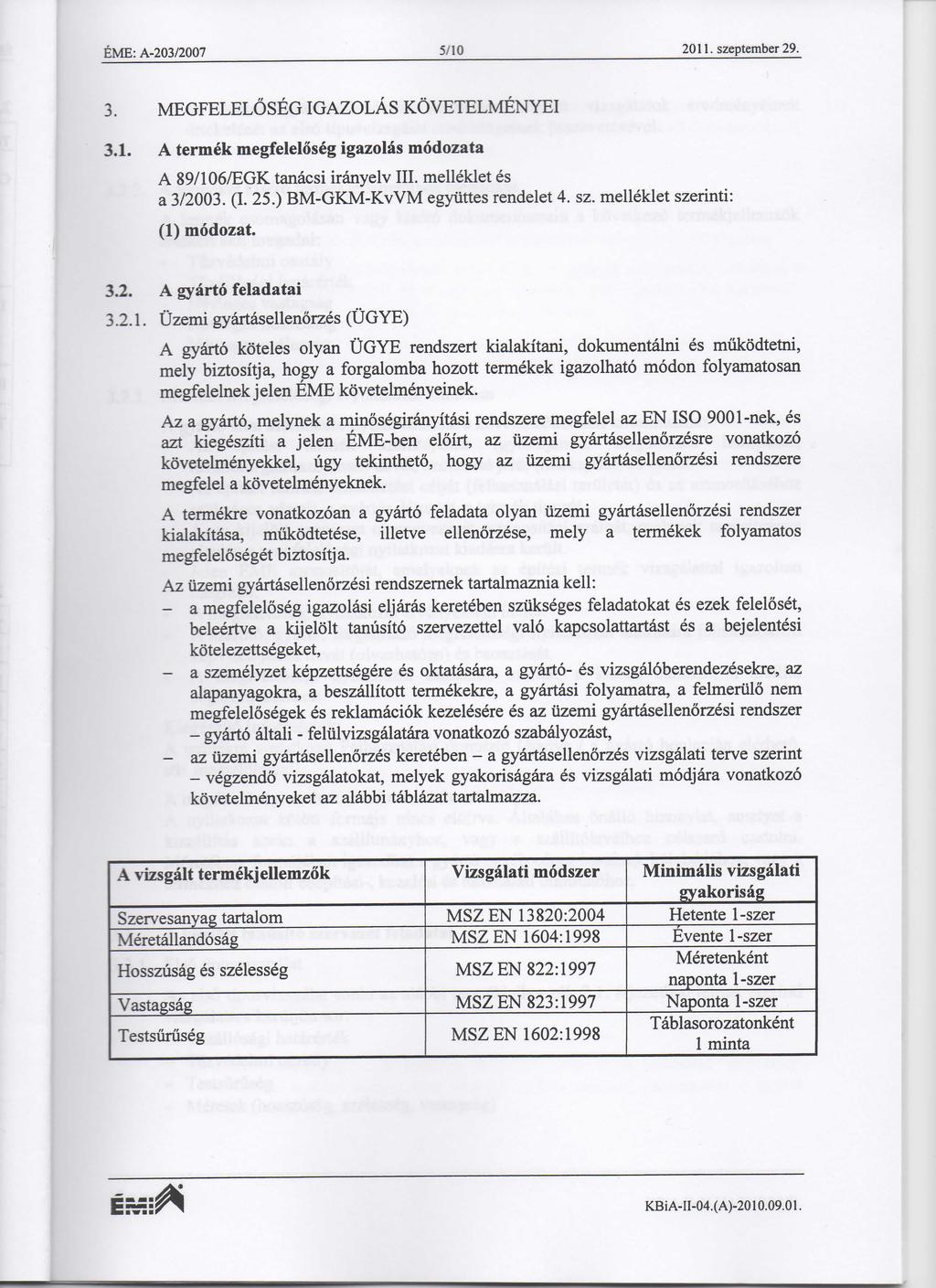 EME: A-203/2007 5/10 2011.szeptember29. 3. MEGFELELOSEGIGAZOLAS KOVETELMENYEI 3.1. A termek megfeleloseg igazolas modozata A 89/106/EGK tanacsi iranyelv III. melleklet es a 3/2003. (I. 25.