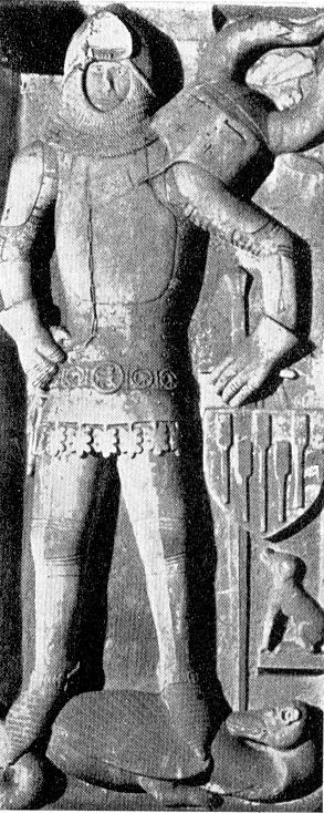 117 140. ábra. A bal oldali fafaragványon világosan elkülöníthető a kabáton kívül viselt mellvért. (14. század második harmada) (lovagábrázolás, Németország, Bajorország, Bamberg, Bamberger Dom St.