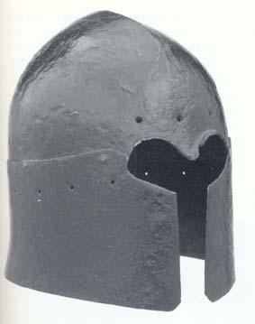 136 168. ábra. Bal oldalon: Két részből szegecseléssel összeállított barbuta a chalkis-i leletből.
