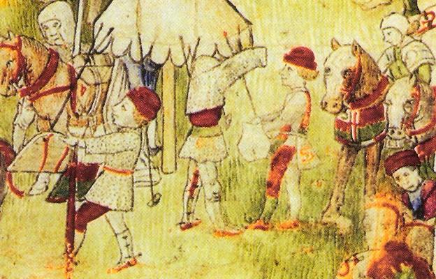 176 223. ábra. A bal oldali képen látható a sodronying felvétele. Az urával szemben álló fegyvernök a mell- és hátvértet tartja a kezében, készen arra, hogy felcsatolja.