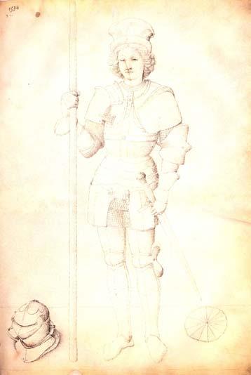 179 227. ábra. Bellini rajzain a jellegzetes korong bal oldali rajzon a páncélra rögzítve, a jobb oldali képen a lovag lábánál hever a földön.