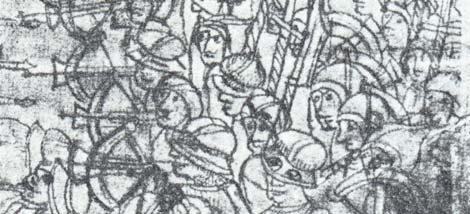 229 296. ábra. Az első sorban a középen álló és a második sorban legalul vonuló számszeríjász fején szemréssel ellátott vassalap van. (1510 körül) (Részlet Paul Dolstein landsknecht vázlatfüzetéből.
