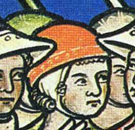 72 69. ábra. Színes sisakok a Maciejowski Bibliában (Részletek a Dávid felszerelést visz az Éla-völgyi táborba (bal oldalon) és Saul megölése (jobb oldalon).