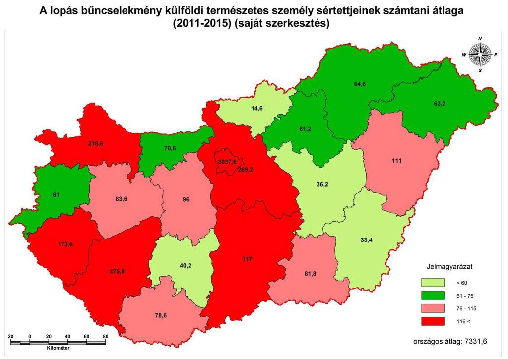 1. ábra: A lopás bűncselekmény külföldi természetes személy sértettjeinek számtani átlaga (2011-2015) (saját szerkesztés) (adatbázis: https://bsr.bm.