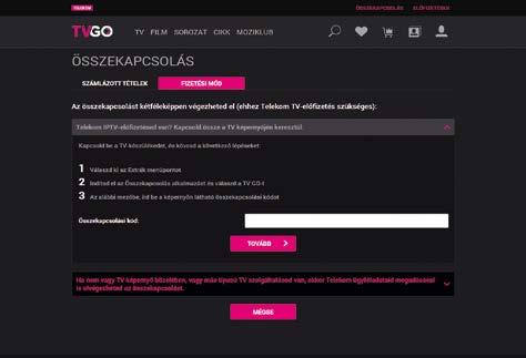 2. Összerendelés: a www.tvgo.hu weboldalon vagy a TV GO mobilalkalmazásban az Összekapcsolás menüpontban meg kell adnia a Magyar Telekom ügyfélazonosítóját és az ahhoz tartozó jelszavát.