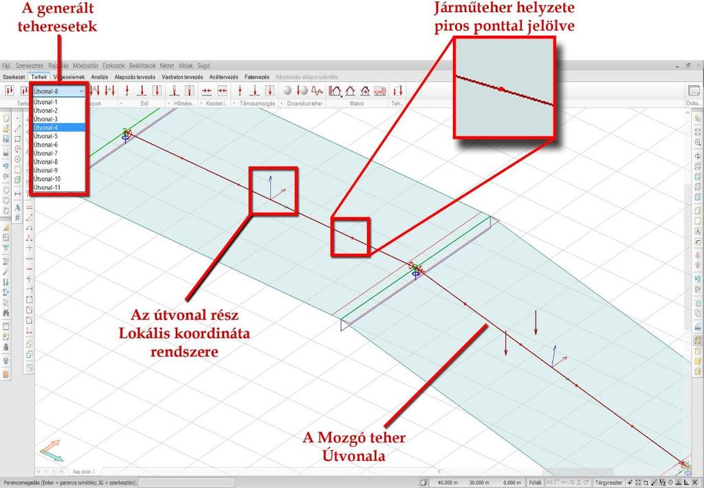 2.2 Mozgó teher A Mozgó teher makró megterheli a szerkezetet a terhek egy előre megadott csoportjával (jármű) az általunk meghatározott útvonal mentén, az alábbi lépésekben: 1.